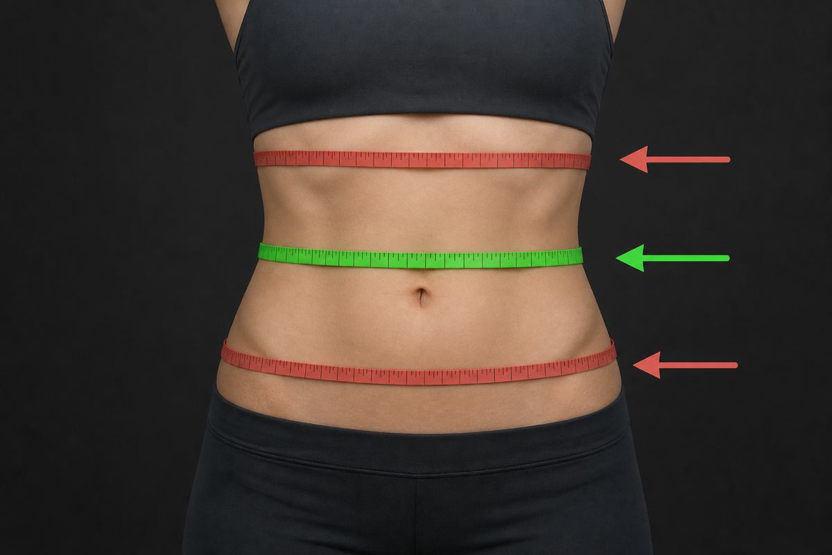 Front-facing torso showing the correct waist measurement between the lowest rib and top of the hip, with incorrect high and low positions