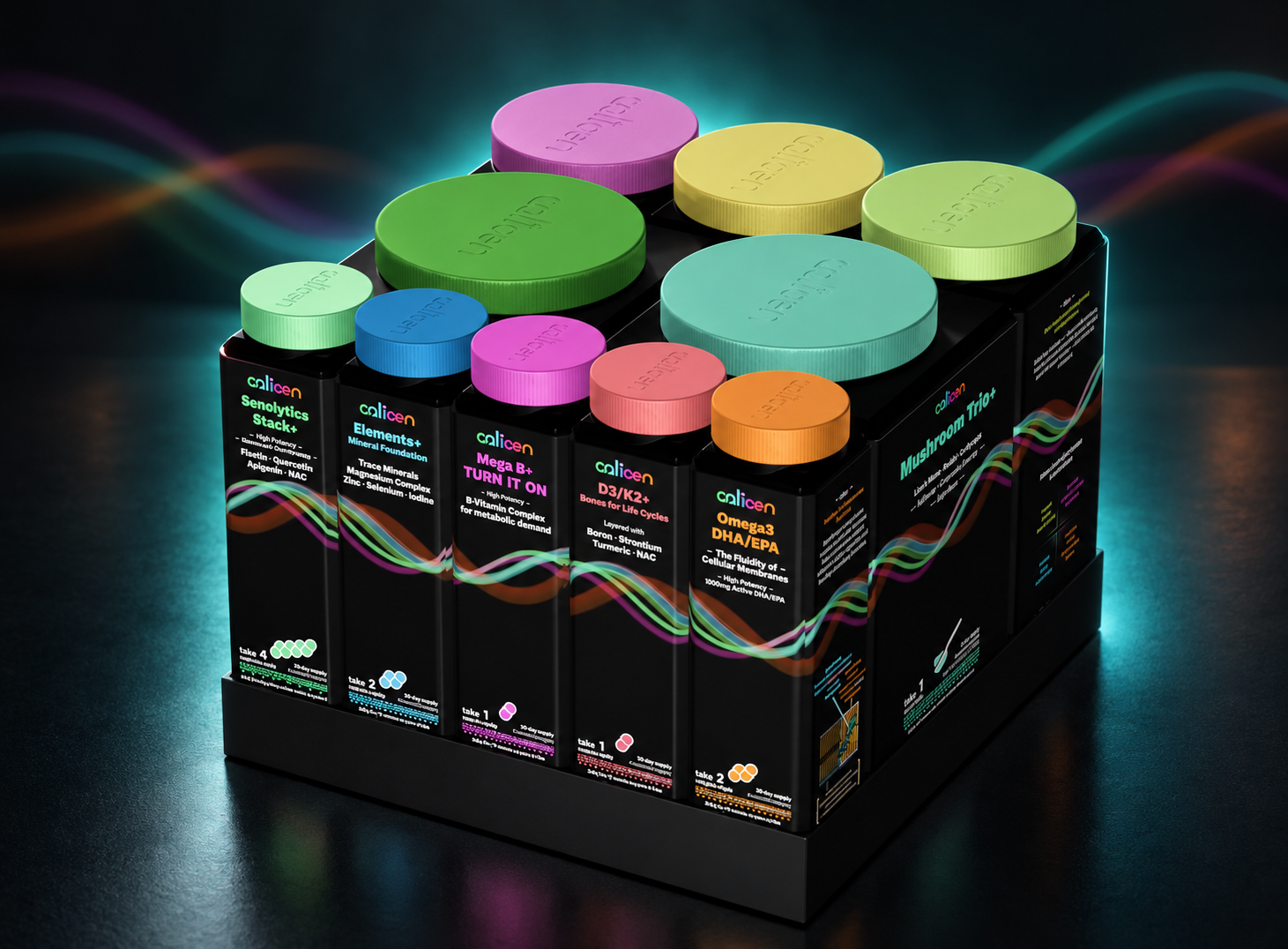 The complete Calicen ten-formula supplement kit in its organizer tray