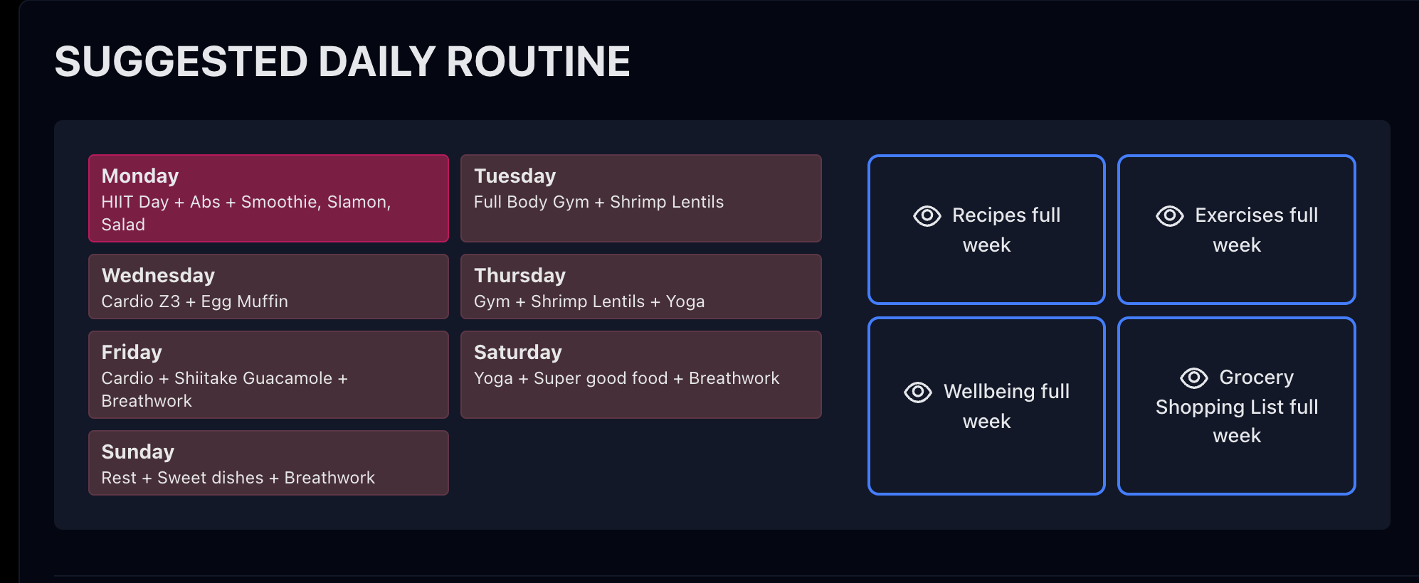 The Suggested Daily Routine with weekday choices and links to the week's recipes, exercises, mental wellbeing resources, and grocery list