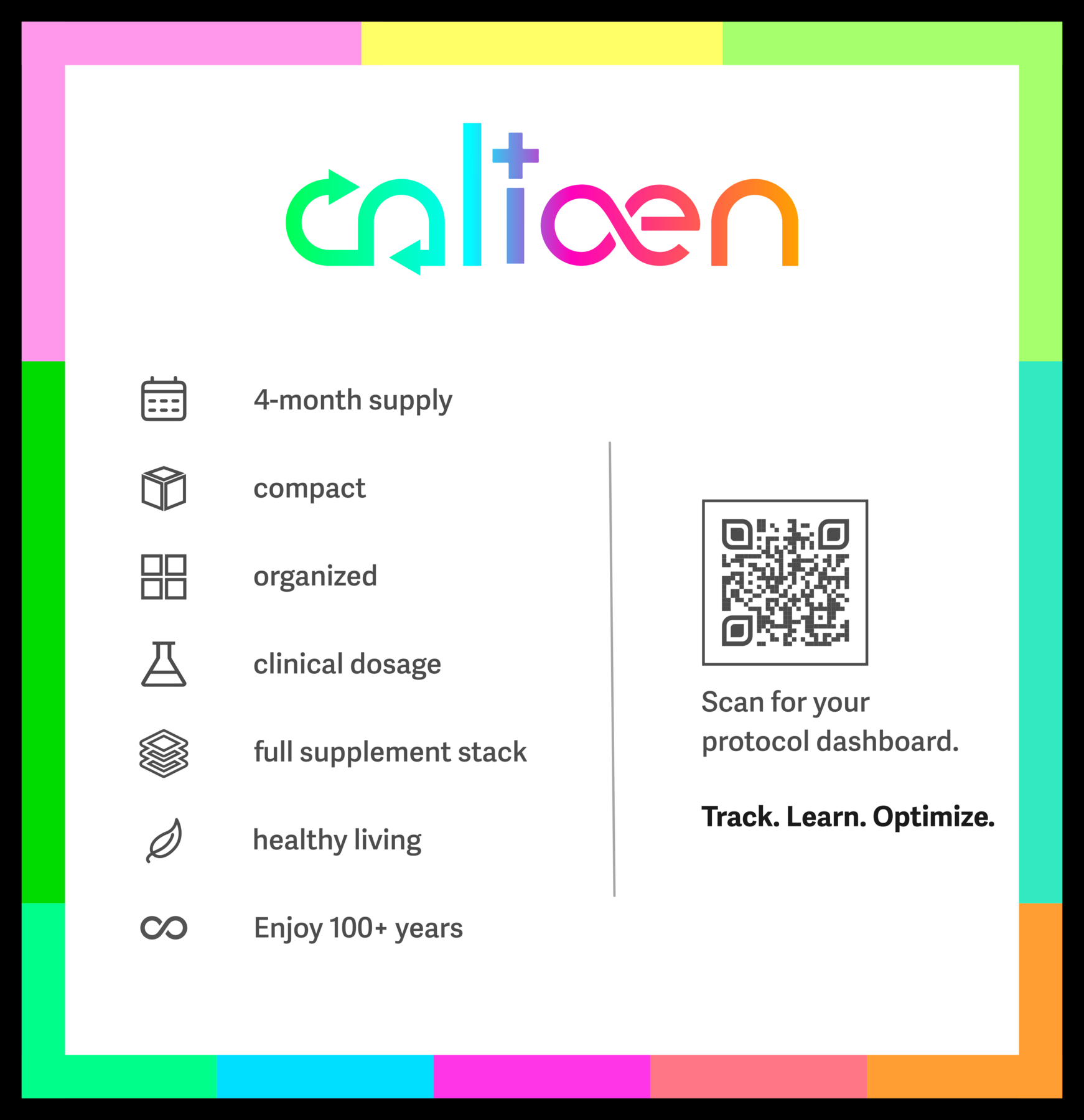 The Calicen tray card with the protocol dashboard QR code