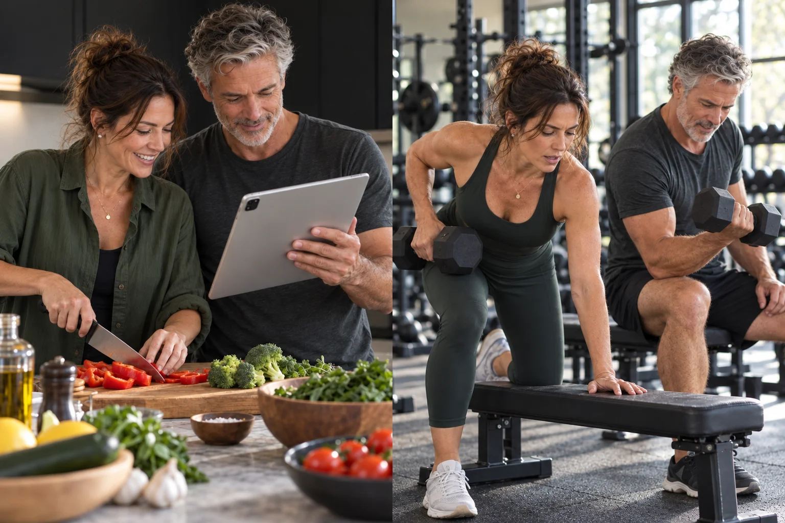 Una pareja prepara verduras en la cocina mientras consulta una tableta plateada, junto a una sesión intensa de fuerza en el gimnasio.