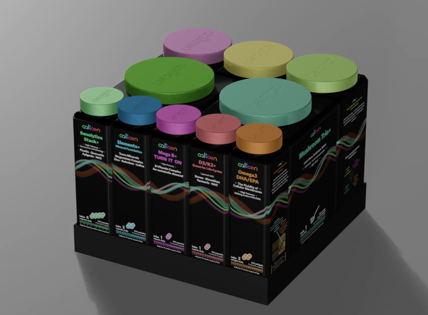 All ten Calicen supplements organized in the black Calicen tray