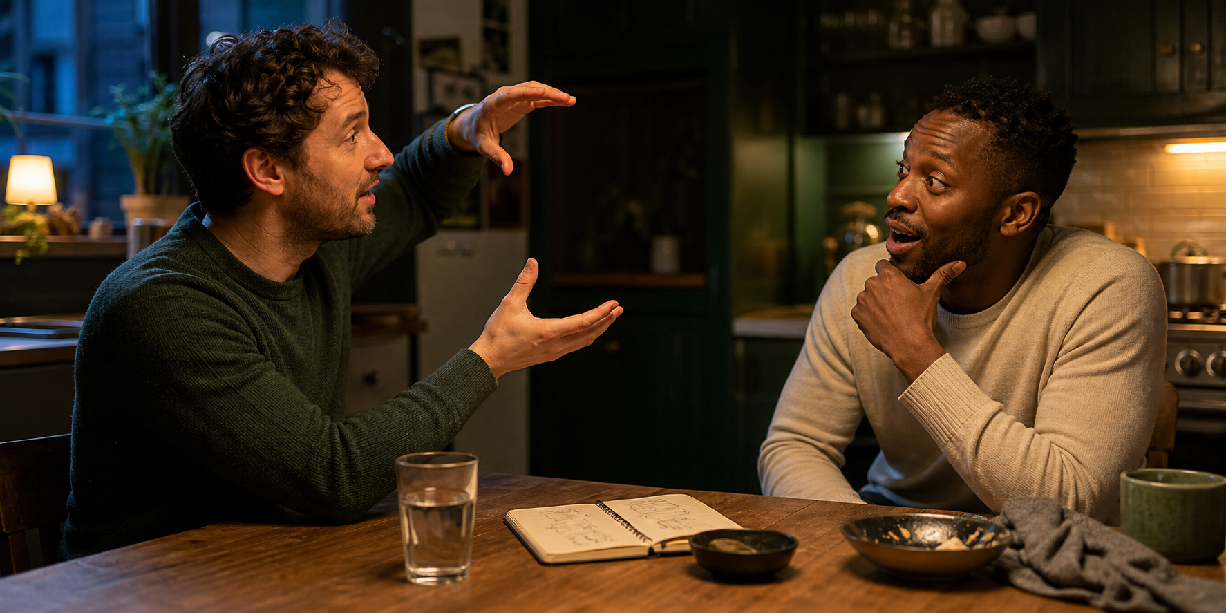 One friend explaining a circular idea with his hands while the other suddenly understands