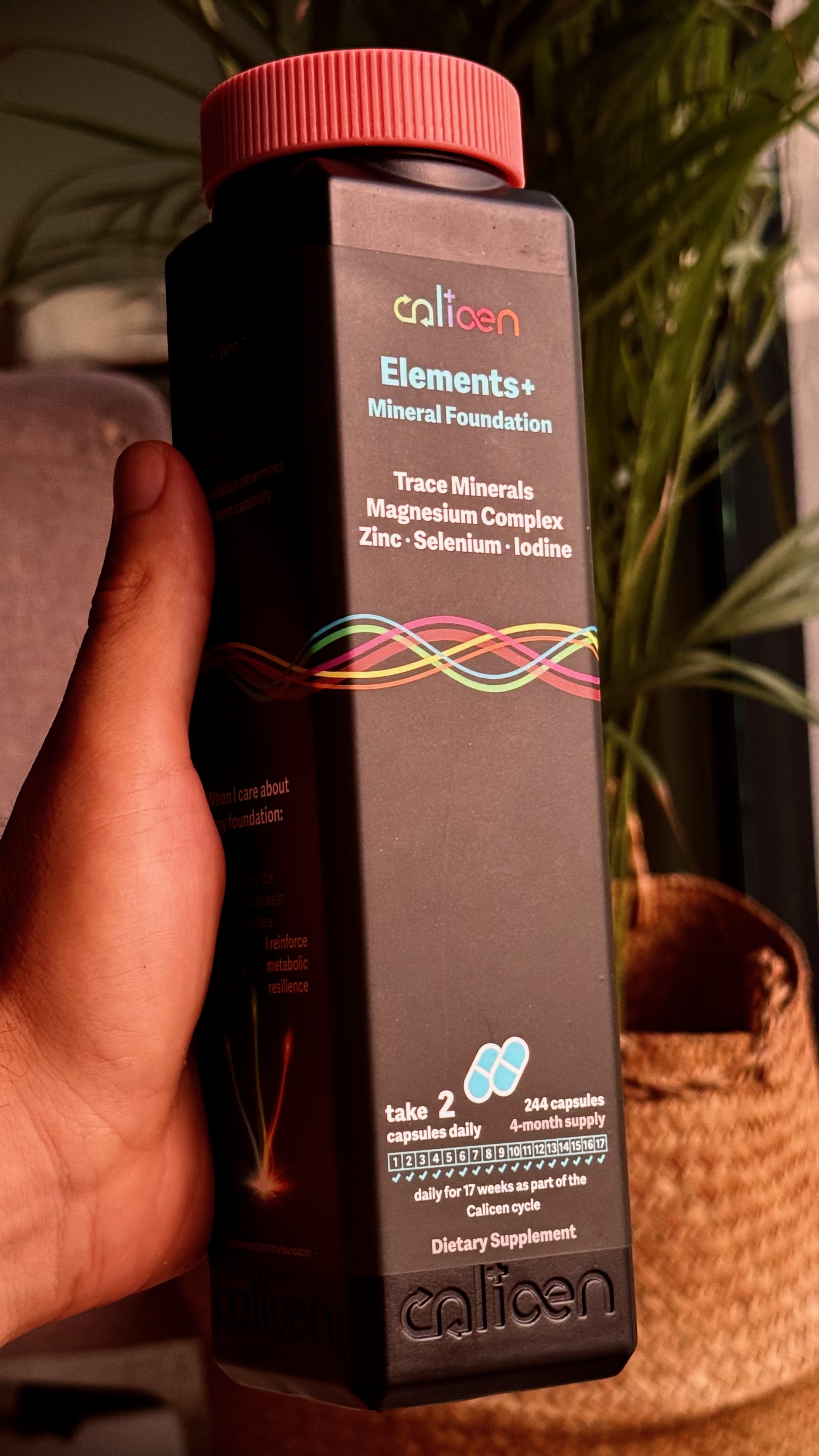 Calicen Elements+ Mineral Foundation supplement held in one hand