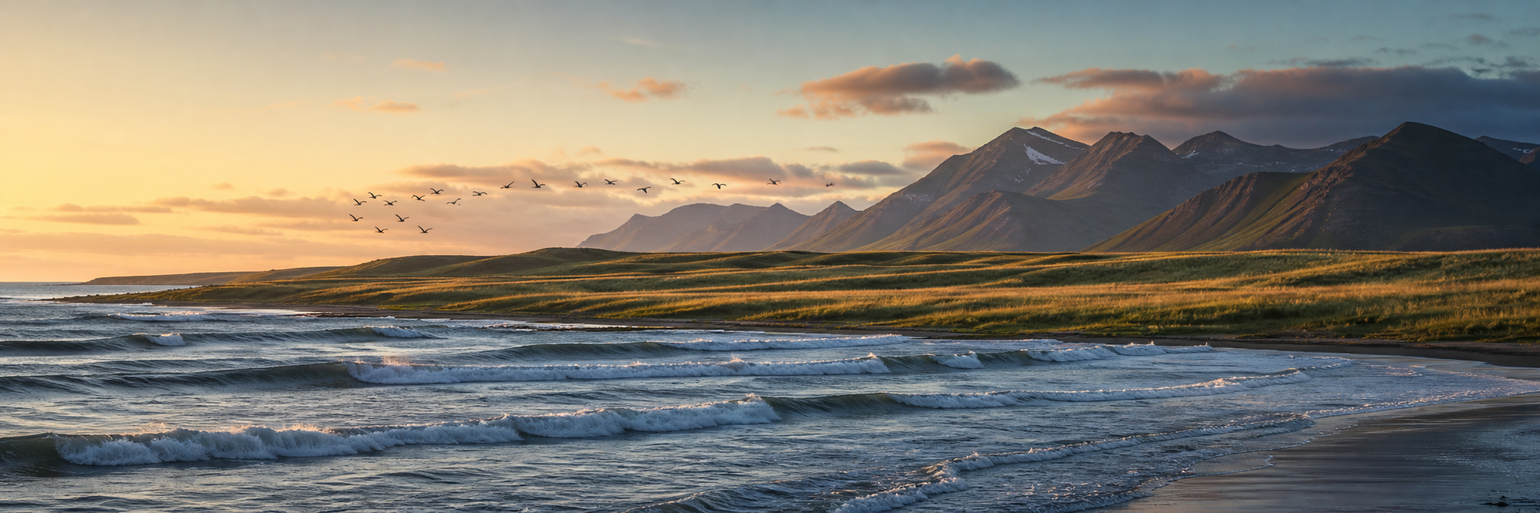 Ocean waves, wind-shaped grass, birds and mountains repeating natural rhythms at different scales