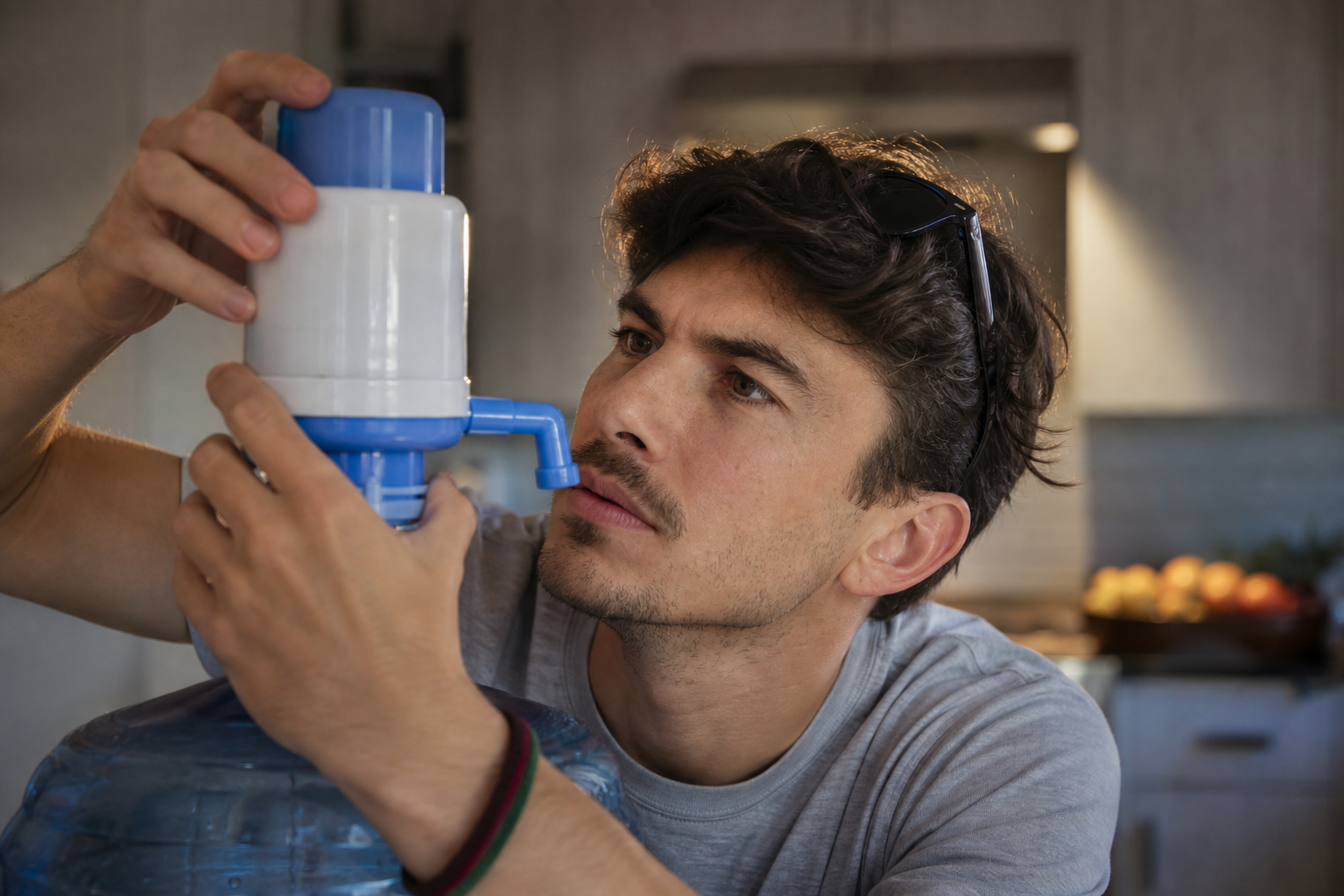 Adrian closely inspecting the manual pump on his water dispenser in the kitchen
