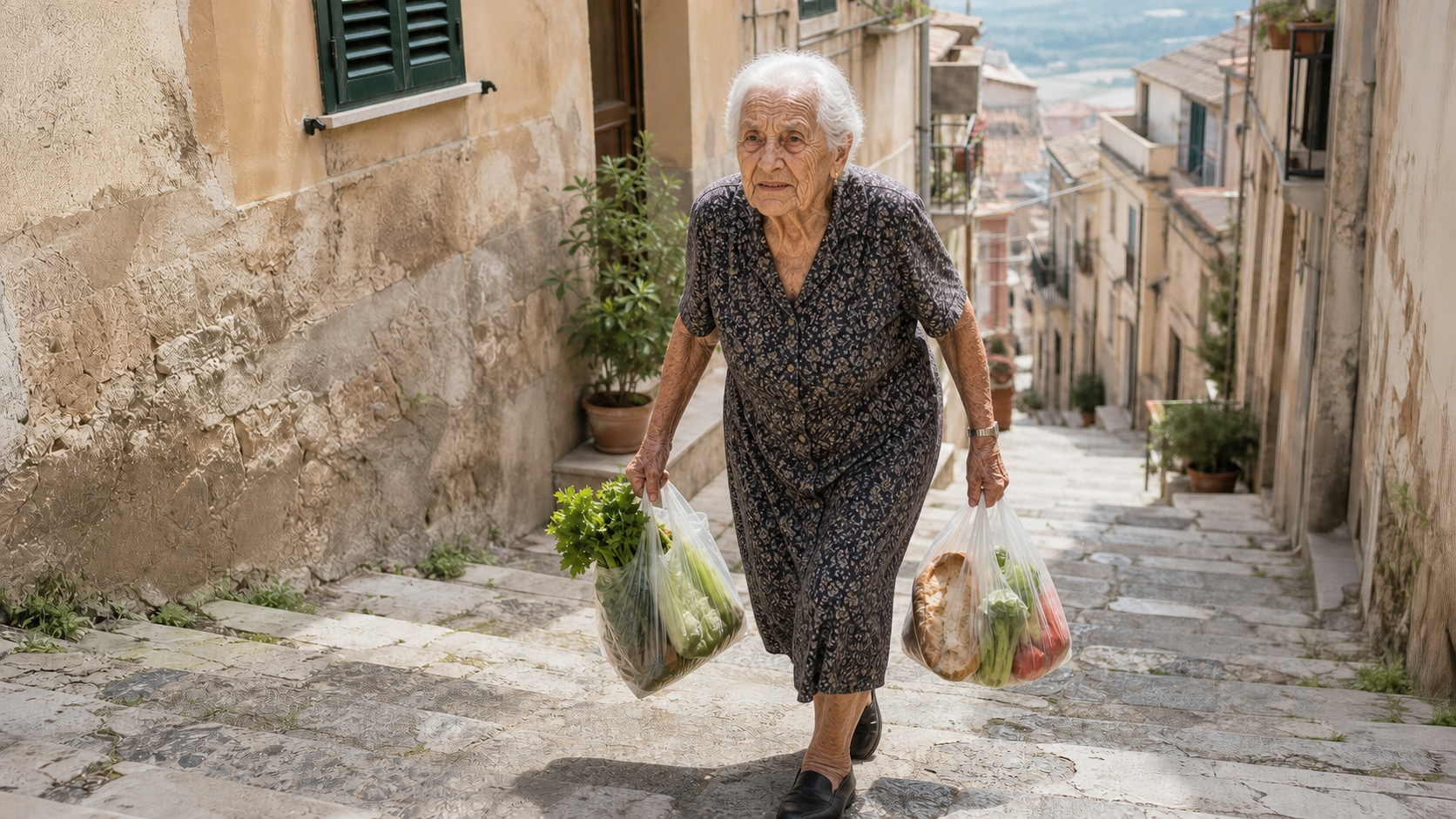 A healthy 100-year-old grandmother from Sicily carrying groceries uphill through her village