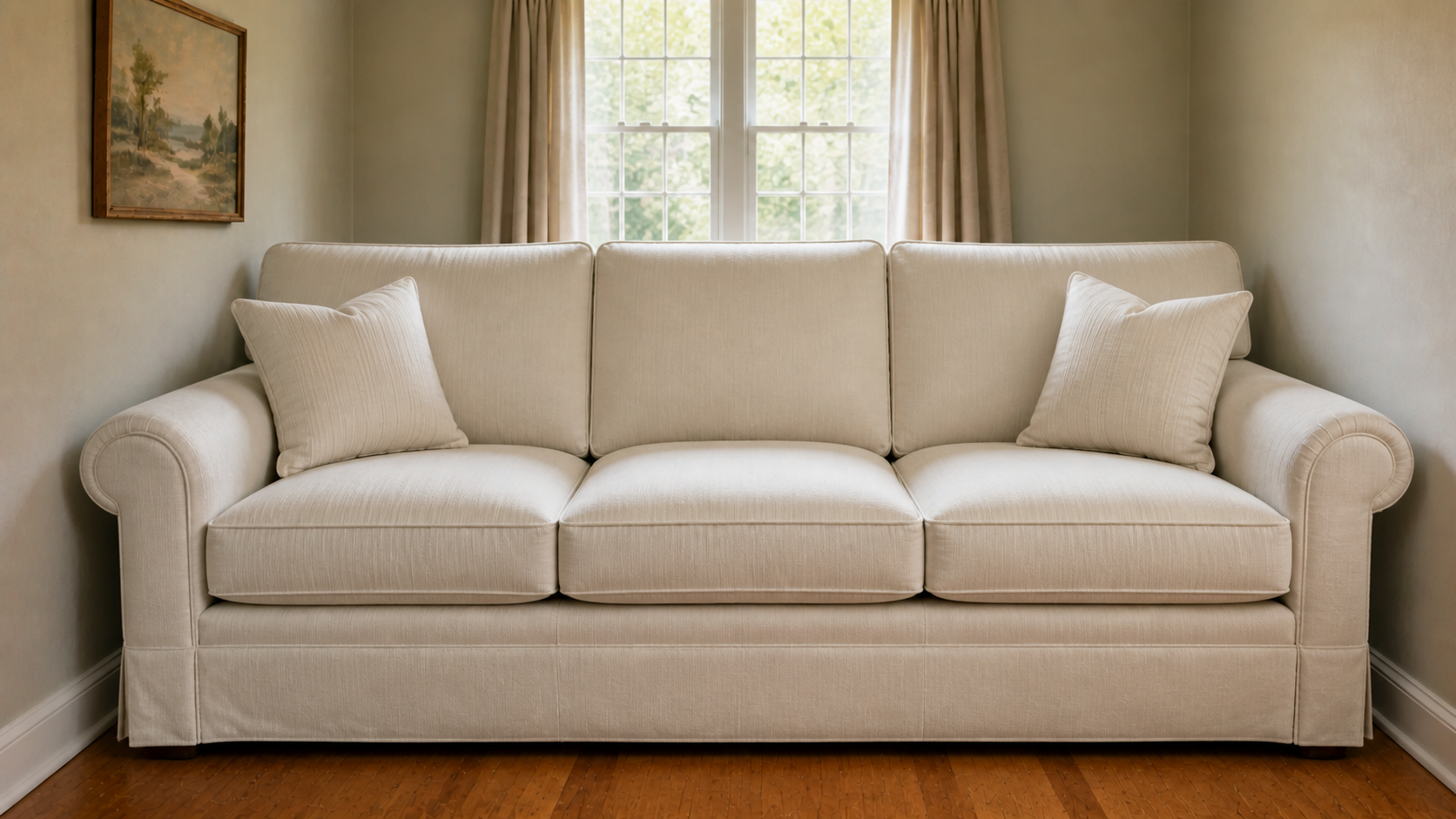 The same small room after the damaged sofa was removed and replaced by a new clean sofa