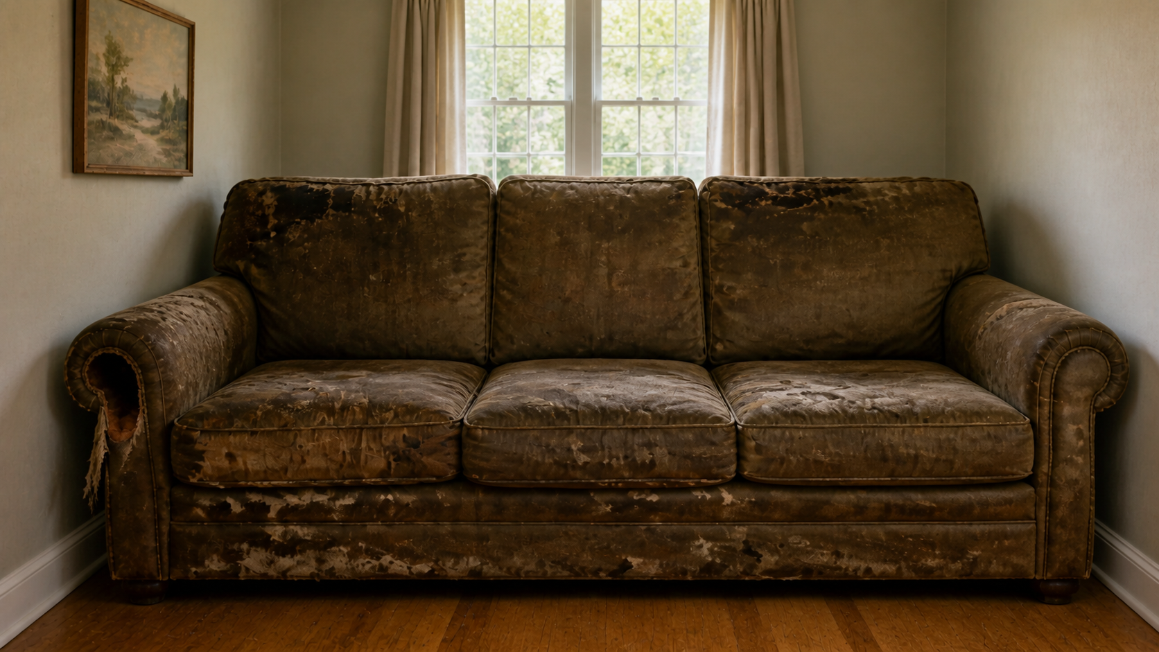A damaged old sofa filling a small living room wall to wall