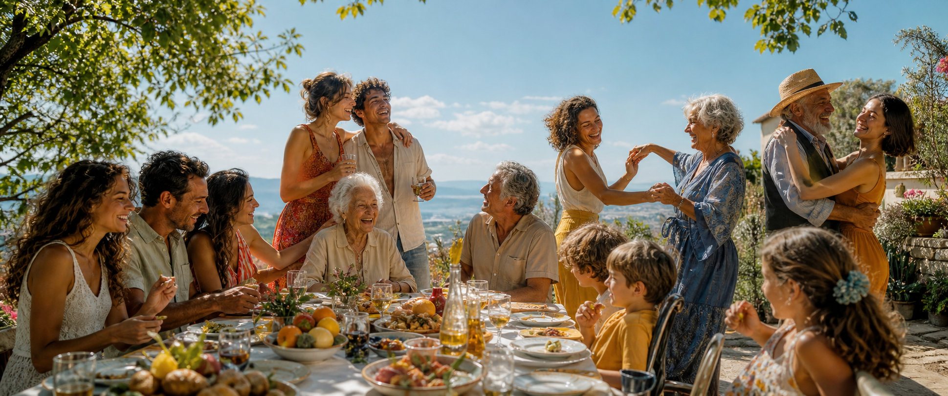 Older and younger people dancing, laughing, eating and embracing together at a bright Mediterranean gathering